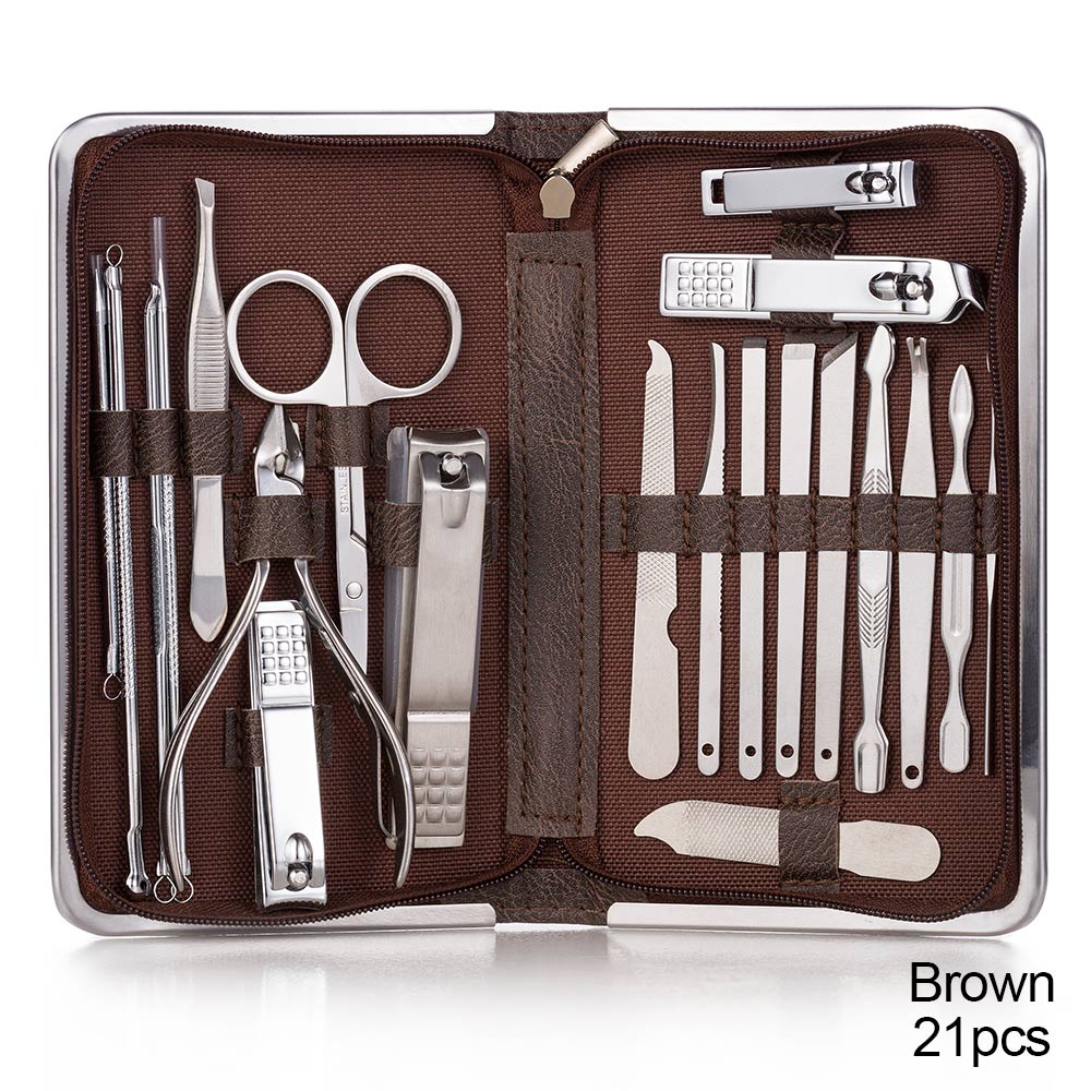 Nail Clippers Set Stainless Full Function Pedicure Tools Kit With Nail Scissors File Acne Needle Tweezers Earpick Manicure Tool: 21 pcs brown