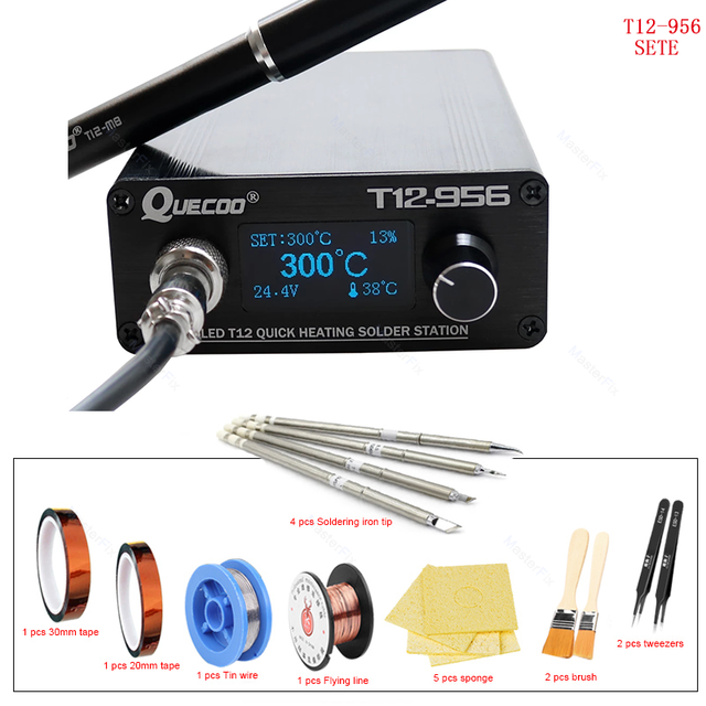 Quecoo T12-956 stazione digitale di saldatura Oled con manico in metallo nero M8 e punte per saldatore T12 spina ue predefinita