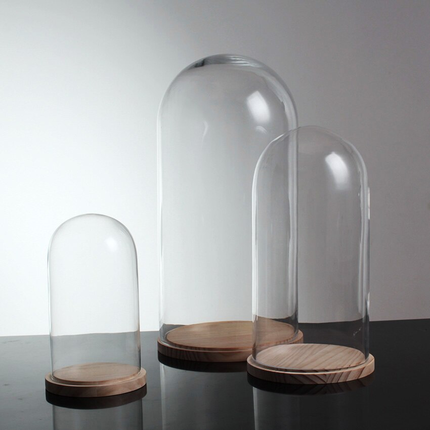 Glocke Gass Schatten Glocke Glas Blumen Glas Kuppel kappe mit Holz Basis Wohnkultur dekoration vasen abdeckung förmigen transparent leere