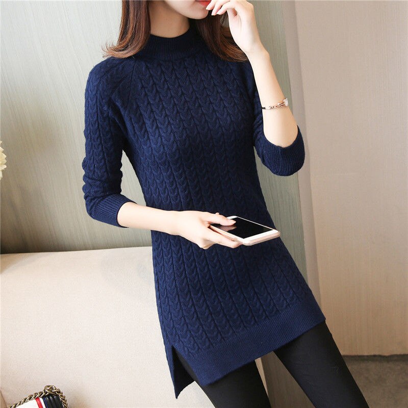Pull-over mi-long tricoté pour femme, couleur unie, Slim, grande taille, automne hiver, , hauts 125