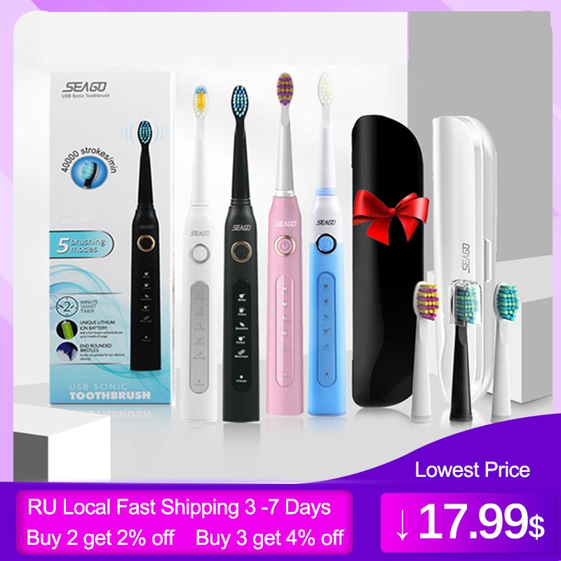 SEAGO Sonic Electric Toothbrush Adults Timer 5 Modes USB Rechargeable Tooth Brush Replacement Brush Head Nozzles Box SG-507
