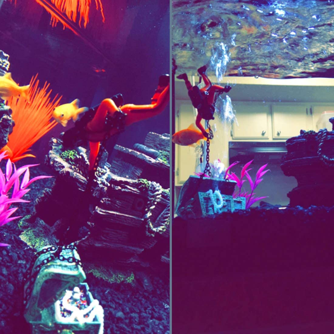 Action Aquarium Ornament, Live-Action Aerating Fish Tank Decorations, Undersea Treasure Chest and Diver Action Ornament