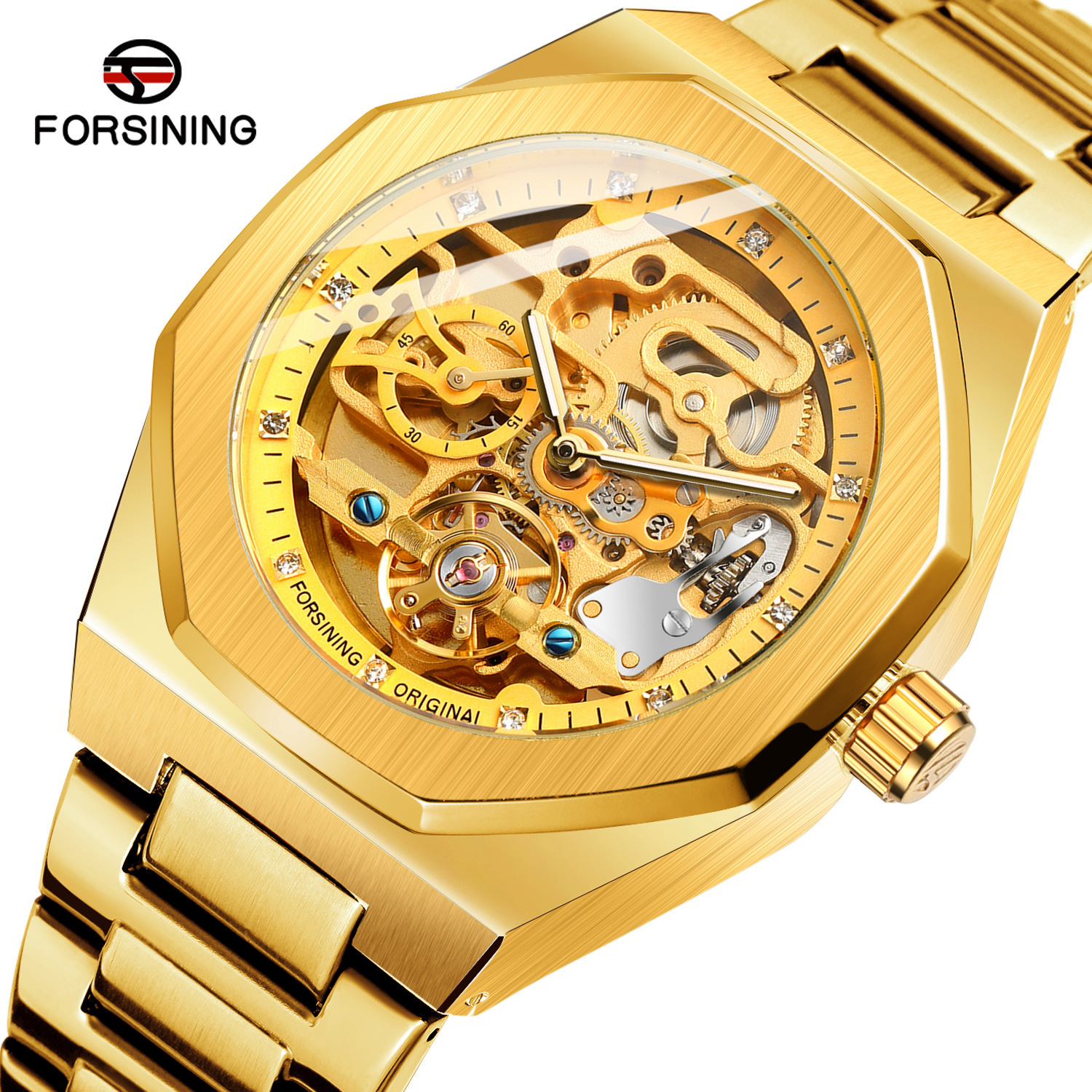 Forsining Automatic Mechanical Watch Luminous Three Eyes Six Needles Skeleton Top Brand Luxury Male Wrist Watch Wrist Clock: gold gold