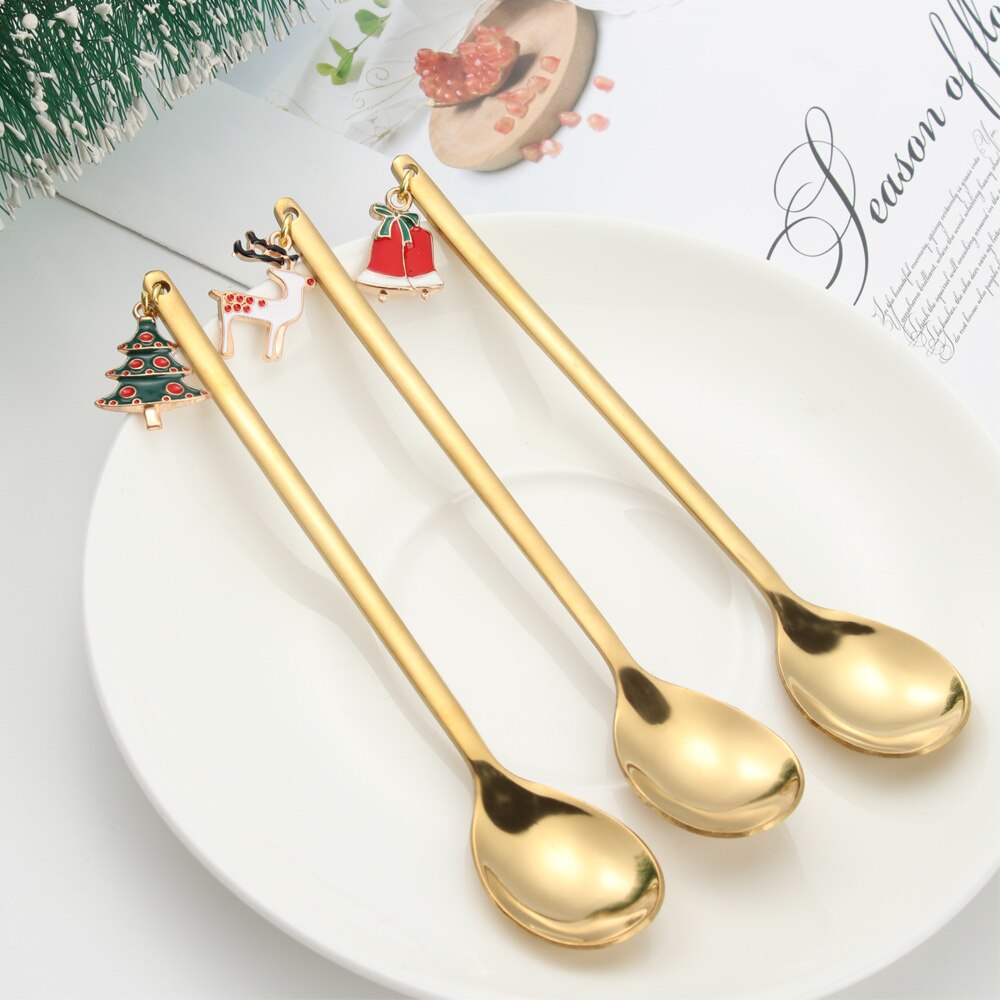 1 pc julsked bordsartiklar rostfritt sked år festbord ornament guldmjölk kaffesked hemdekorationer