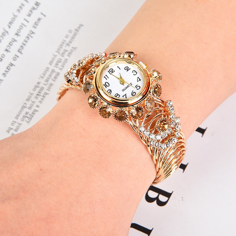 Vrouwelijke Tafel Han Editie Mode Studenten Horloge Lente Keten Ronde Ms Diamanten Ingelegde Armband Horloge: Gold