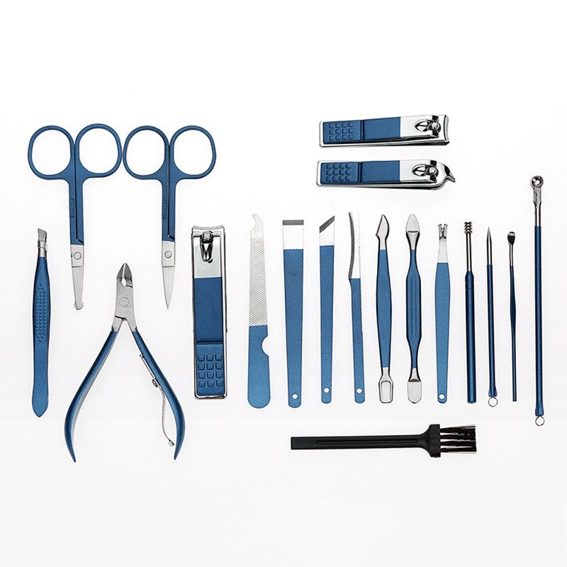 Ensemble de coupe-ongles de manucure, boîte de 18 pièces, cuillère d'oreille bleue domestique, coupe-ongles de pédicure, ciseaux à ongles, couteau à ongles