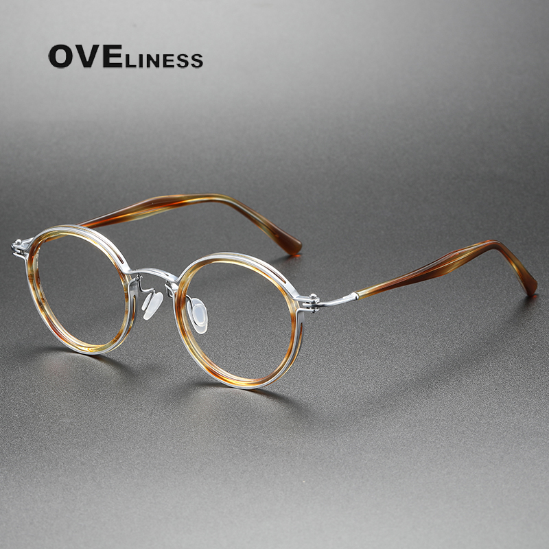 Jahrgang Runde Acetat Titan Brille Rahmen Männer Myopie Optische Brillen Rahmen Frauen Korea Luxus Brillen: Kakifarbig
