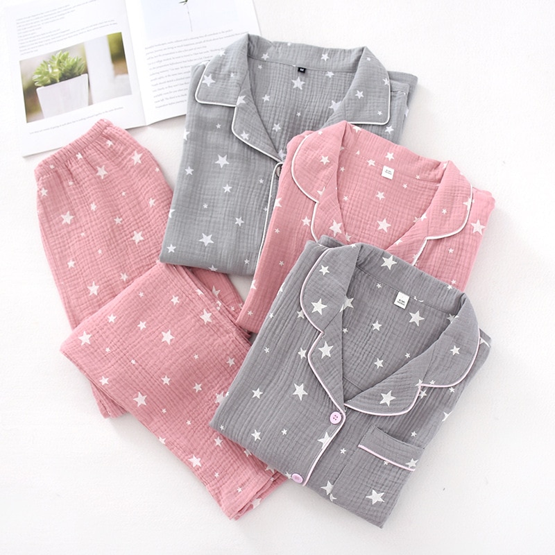 Liefhebbers Pyjama Set Comfort Katoen Star Print Nachtkleding Voor Mannen En Vrouwen Koppels Lente En Herfst Volledige Mouw Homewear