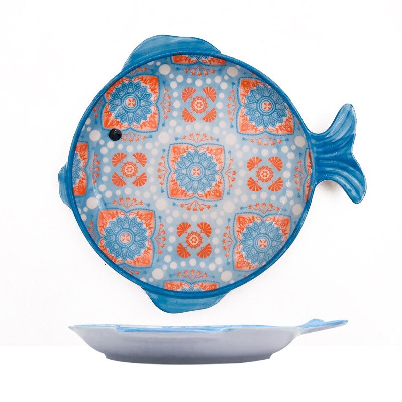 Ceramic Cutlery Fish-shaped Glaze Under The Color Plate Bowl Japanese Cartoon Irregular Bowl Plate Tableware: Plate (Blue)