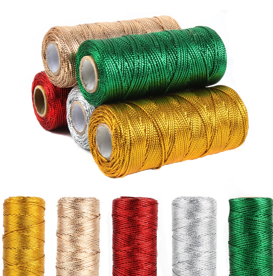Złoty i srebrny sznurek makramowy, kokardki ze sznurka, rękodzieło DIY robić pakowania prezentów, szycie, skręcona nić, tekstylia domowe