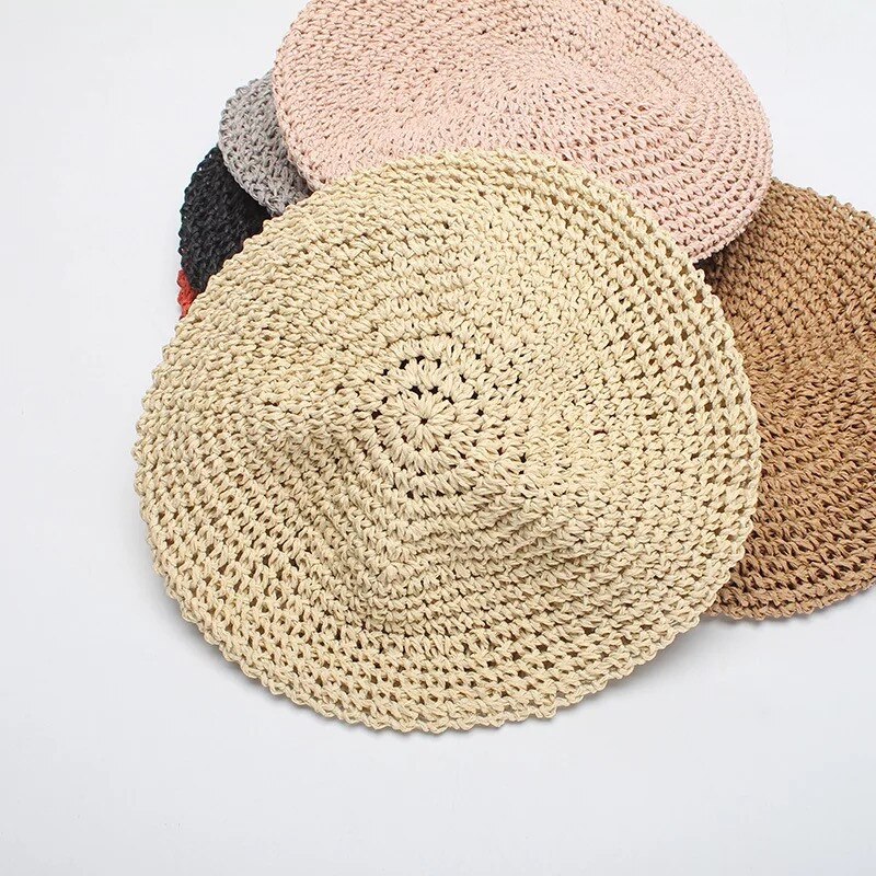 Originale håndkrog kvinder papyrus beret hatte damer flad halm solid kasket forår efterår