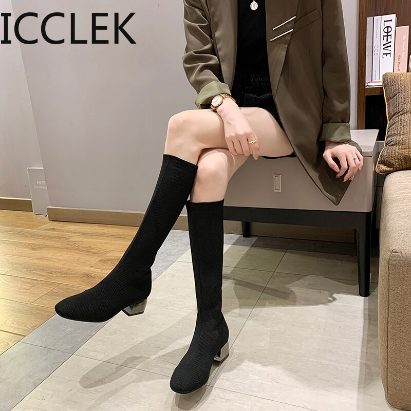 Chaussettes cuissardes tricotées bottes cuissardes femme talon carré tissu Stretch noir bottes hautes talon moyen bottes d'hiver
