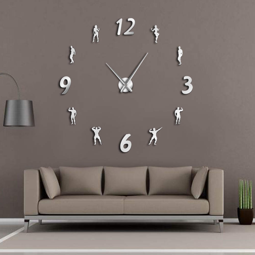 Reloj de pared grande para gimnasio, reloj de pared sin marco, habitación de Fitness moderna, 3D pegatina de pared, para entusiastas del reloj DIY para culturismo