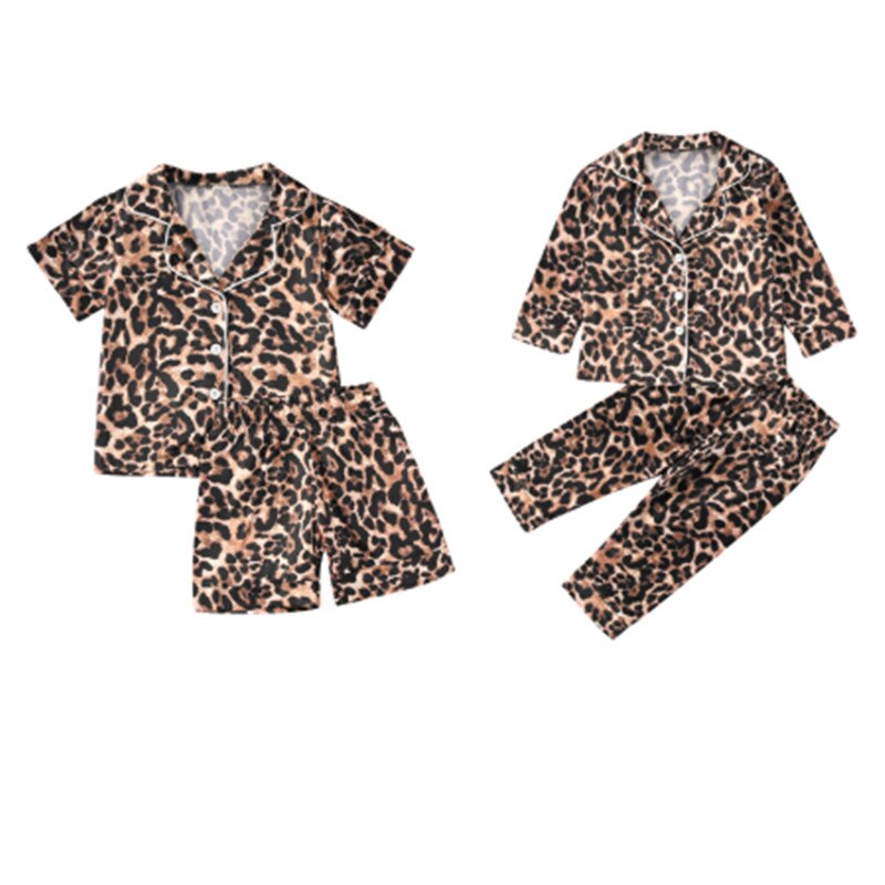 6m-6y små piger dreng kid 2 stk pyjamas sæt leopard kort/langærmet button-down krave skjorte top korte/lange bukser nattøj sæt