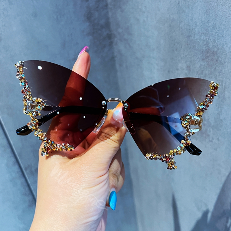 Luxus Diamant Schmetterling Sonnenbrille Frauen Y2K Jahrgang Randlose Übergroße Sonnenbrille Damen Brillen