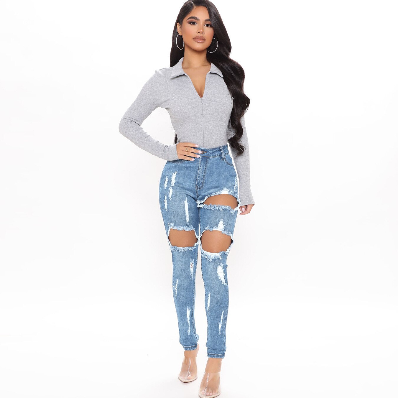 FNOCE femmes déchiré jean pantalon sexy trens taille haute mince serré stretch trou complet denim crayon pantalon: S