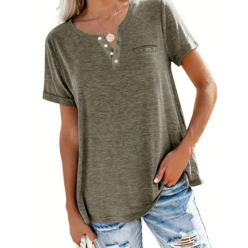 T-shirt décontracté à manches courtes et col en V pour femmes avec poches, grande taille, 1XL-8XL, printemps et été, style