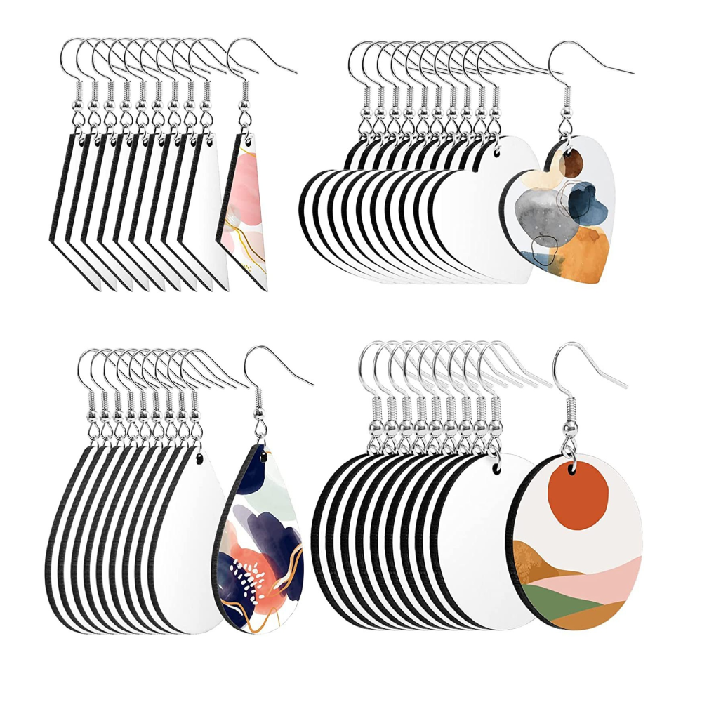 20pairs Sublimation Earrings Blank Wooden Round&Heart Pendant Earring Jewelry Double-side MDF Wooden Earrings For DIY Logo Image: Default Title