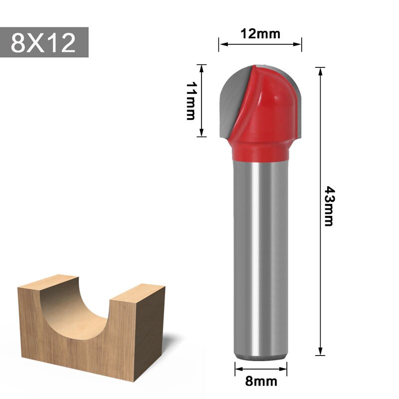 1 st 8mm skaft konkav radie dubbelkantande överfräs för trä hålbox bit volframkarbid träbearbetning pinnfräs