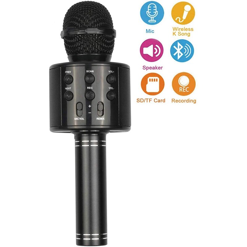 Black Portable Handheld Wireless Bluetooth Karaoke OK Microphone and Bluetooth Speaker MIC Speaker Record Music KTV Microphone