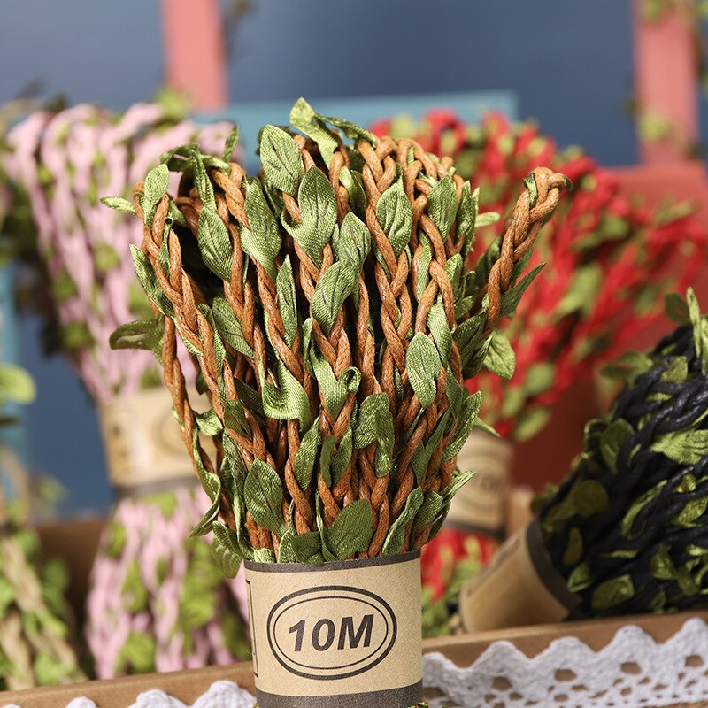 5 Meter/partij Natuurlijke Jute Touw 5Mm Jute Blad Lint Met Kunstmatige Wijnstok Groene Bladeren Diy Craft Vintage Voor Bruiloft party Decor