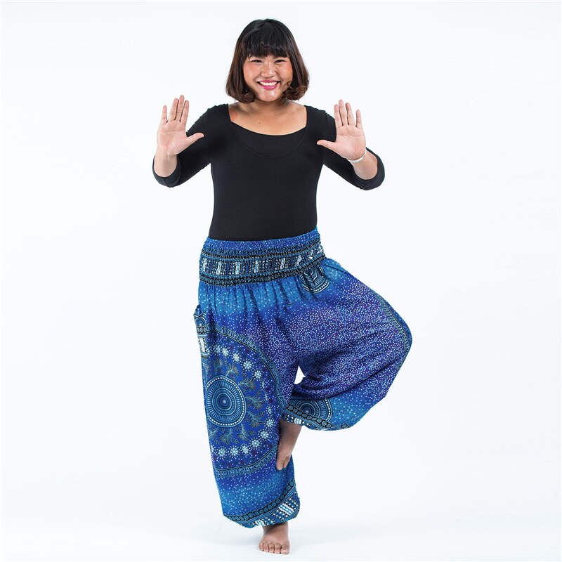 Men Thai Harem Pants Casual Trousers Loose Elastic Waist Vintage Print High Waisted Beach Pants Unisex Women Drawstring