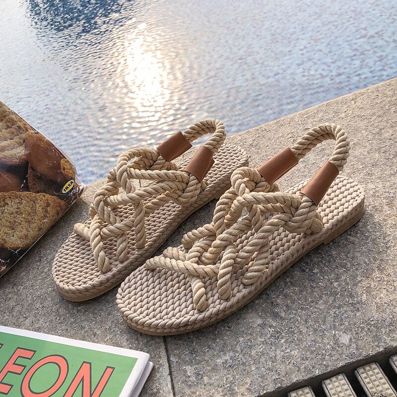 Women Sandals Summer Shoes Woman Flat Sandals Hemp Rope Lace Up Gladiator Sandals Non-slip Beach Chaussures Femme
