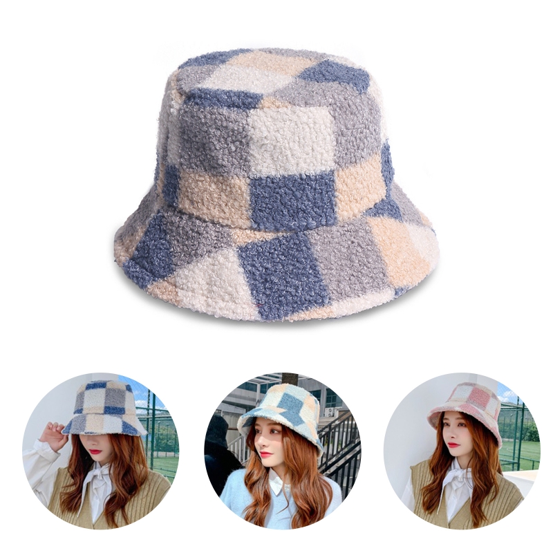 Women Men Winter Warm Fuzzy Plush Bucket Hat Sweet Color Block Plaid Printed Wide Brim Sunscreen Harajuku Fisherman Cap