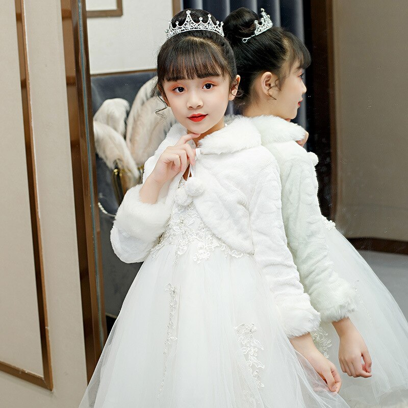 Long Sleeve Girls Faux Fur Jacket Bridesmaid Birthday Party Wedding Jacket for Flower Girls Dress Wraps Coat Cloak Bolero Cape