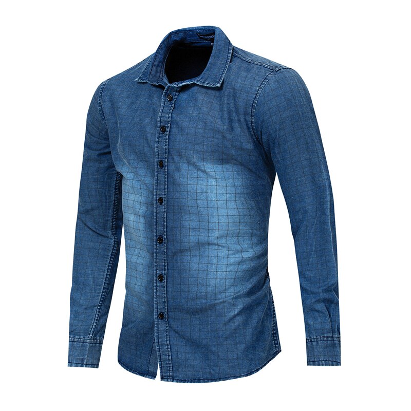 Forår sommer efterår denim jean skjorte bomuld vasket plaid ternet skjorte langærmede fritidsskjorter mandlige cowboy blåt tøj