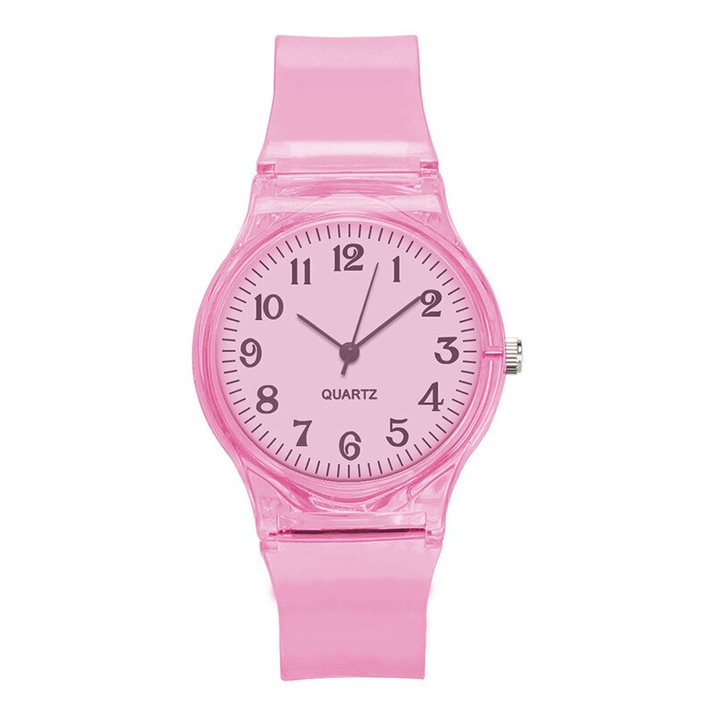 Relojes de pulsera a la para hombre y mujer, relojes de cuarzo informales con banda de plástico transparente de Color caramelo, novedad de: Pink