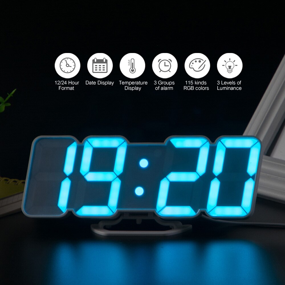 3D Wireless Remote Digital Alarm Clock USB Powered Temperature/Date Display RGB LED 3-Level Brightness Sound Control Wall Clock