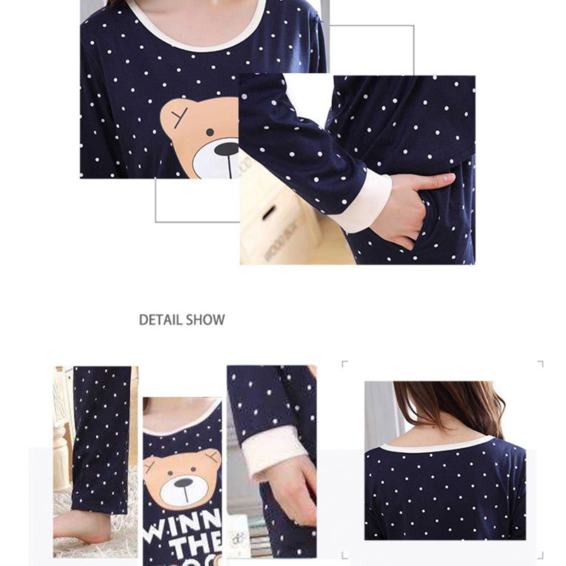 Pijamas cálidos de franela de Otoño Invierno para mujer conjuntos de ropa de dormir de manga larga suave con lindo patrón de oso