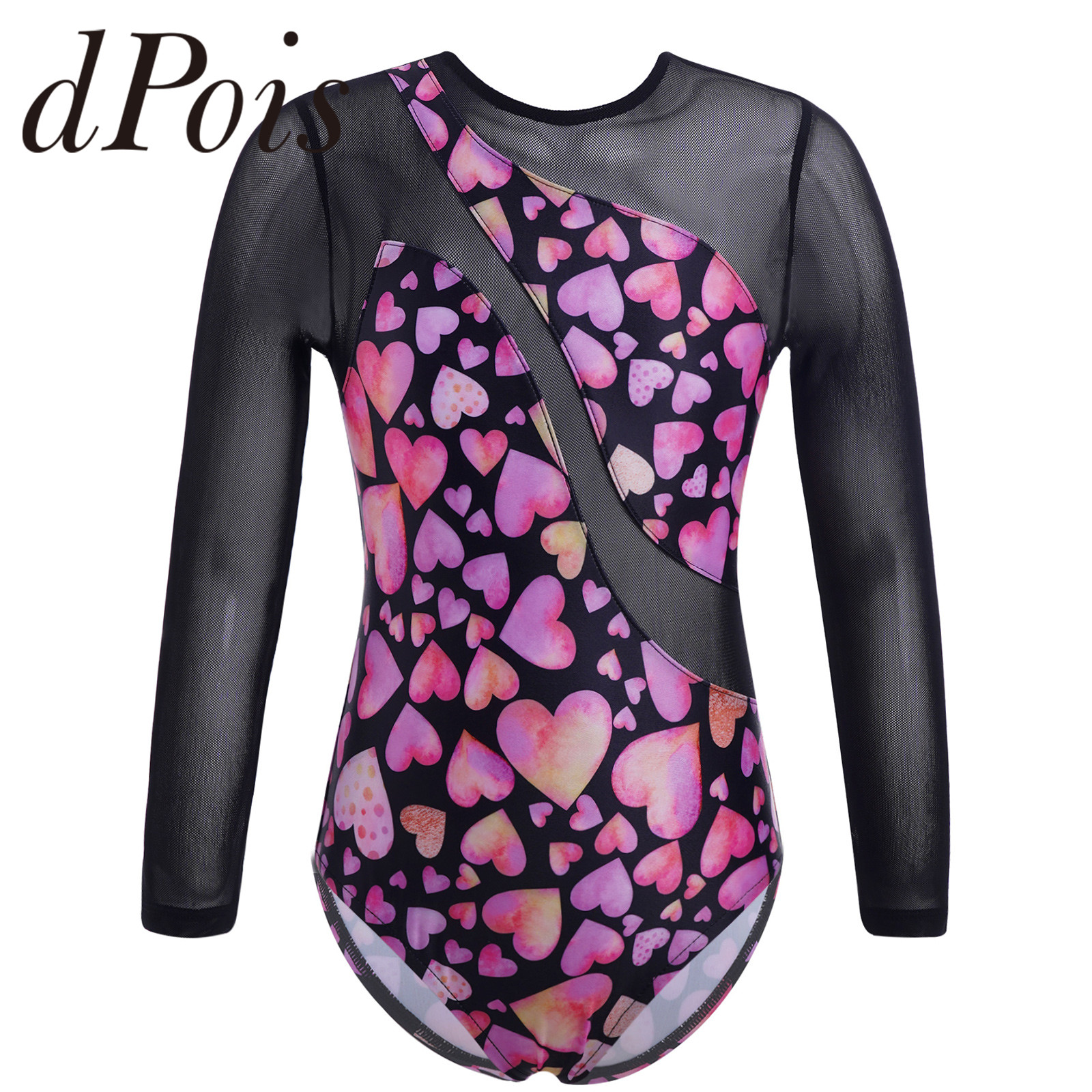 Kids Girls Ballet Leotard Long Sleeves Mesh Splice Keyhole Back Printed Gymnastic Leotards for Girl Skating Child Dance Jumpsuit