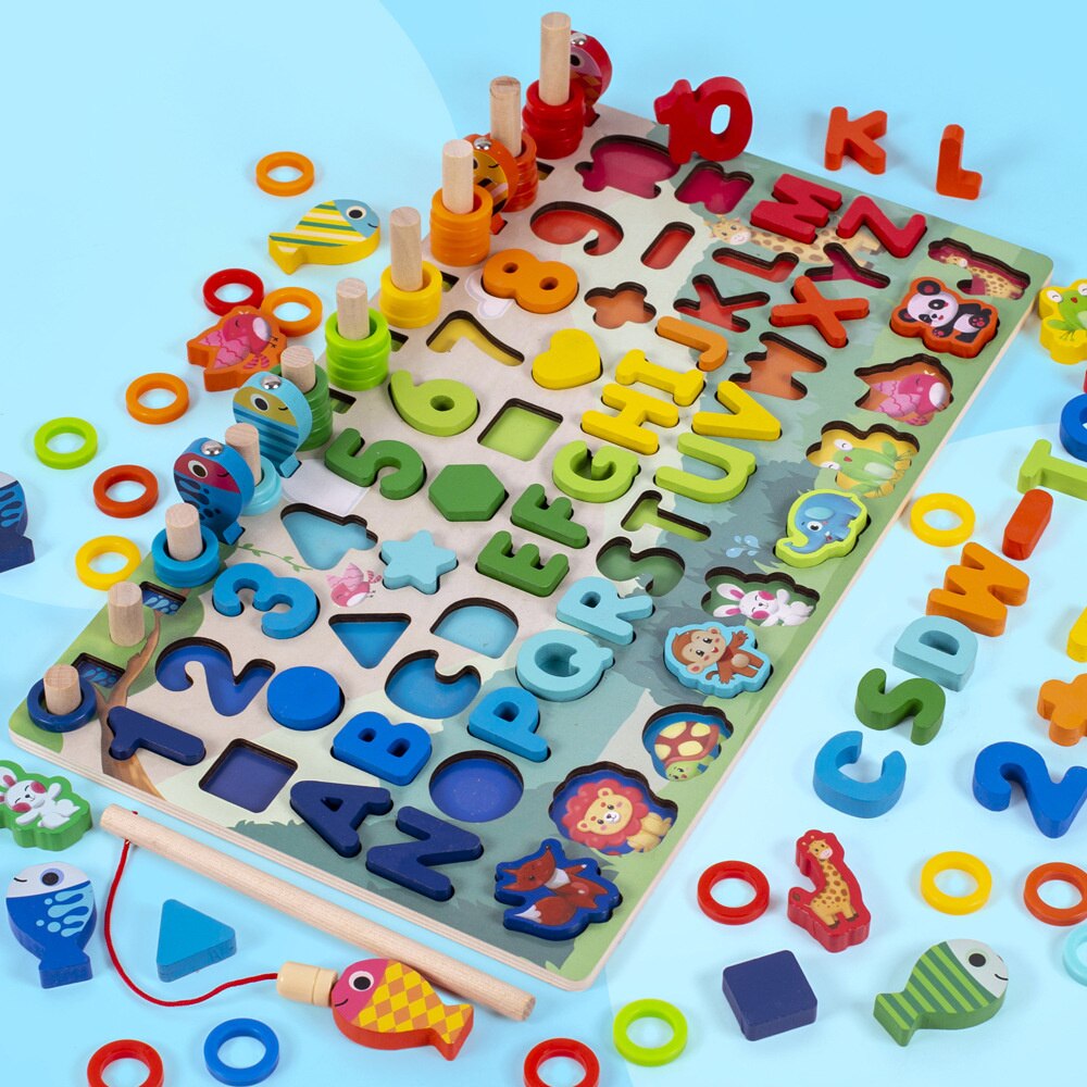 Montessori Educational Wooden Toys Children Busy Board Shape Color Math Matching Puzzle Magnetic Fishing Counting Toys: Forest Party