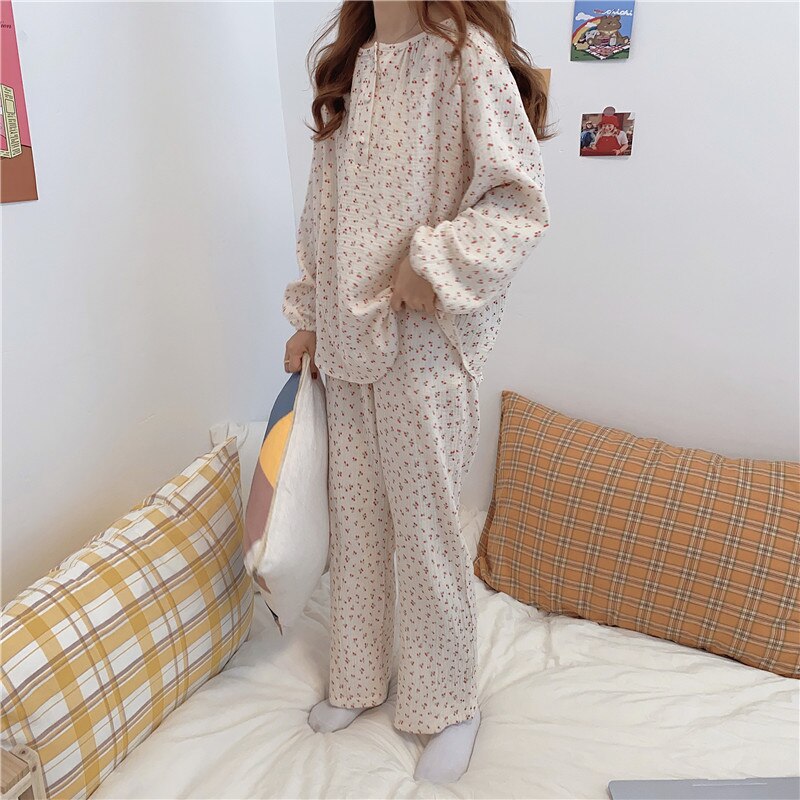 Pyjamas bomuld kvinder kirsebær print nattøj langærmede toppe+bukser 2 stk hjemmetøj løs o-neck pullover pyjamas komfortabel  s1027