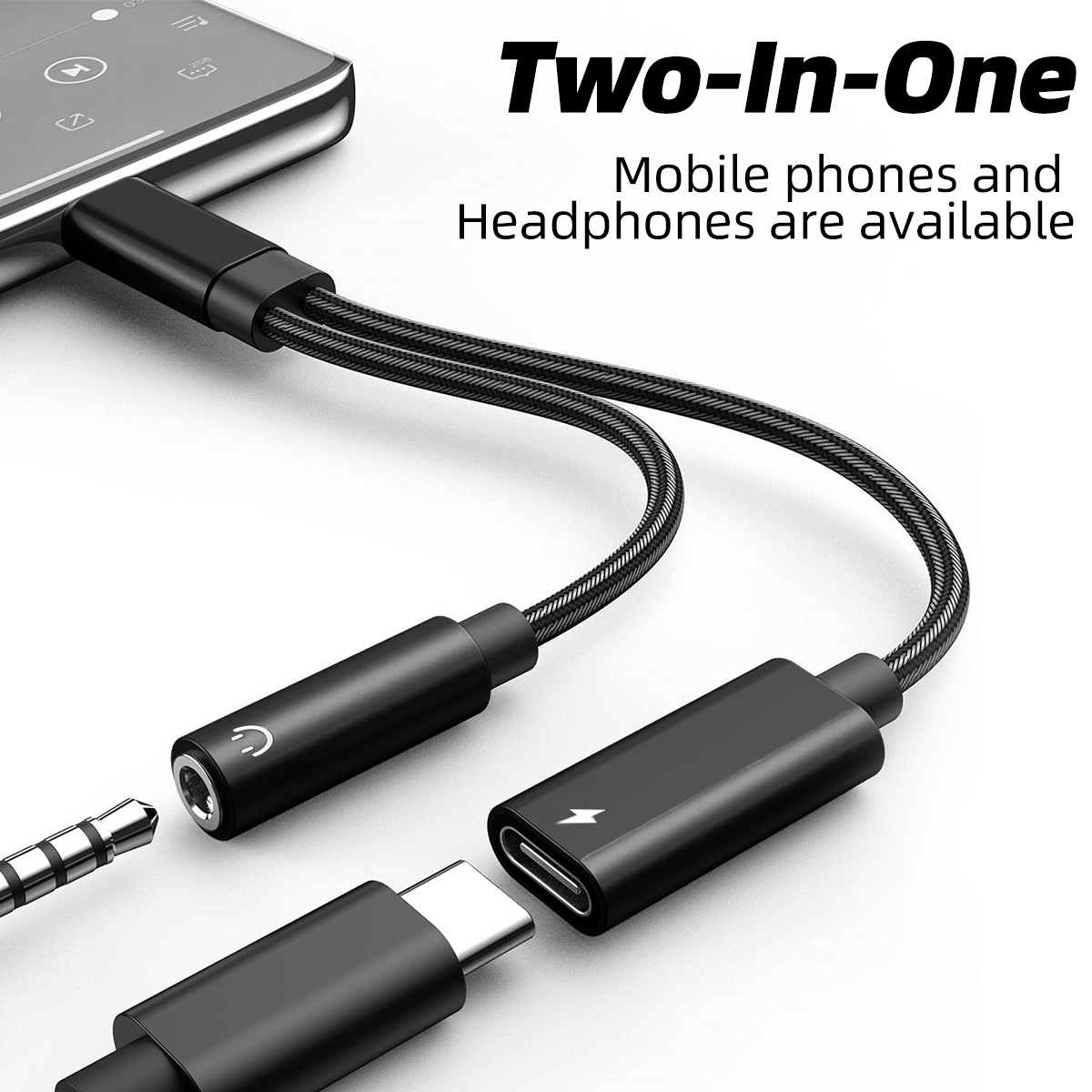 2 in 1 USB Type C to 3.5mm Headphone and Charger Adapter, USB C to C Aux Audio Jack Hi-Res DAC and Fast Charging Cable