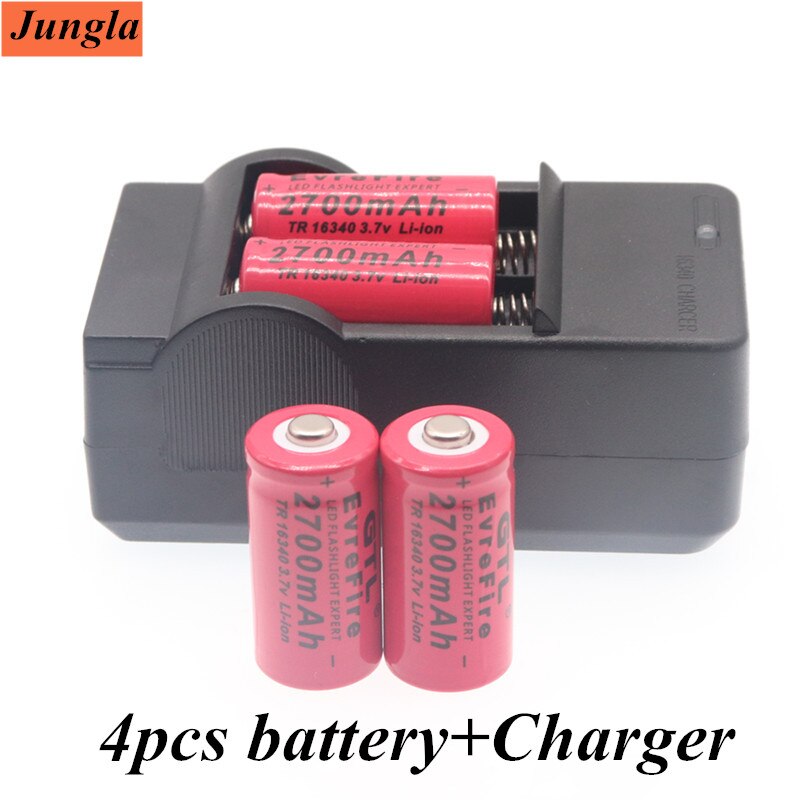 2700 mah uppladdningsbara 3.7v li-ion 16340 batterier  cr123a batteri för väggladdare med led-ficklampa för 16340 cr123a batterier: Röd