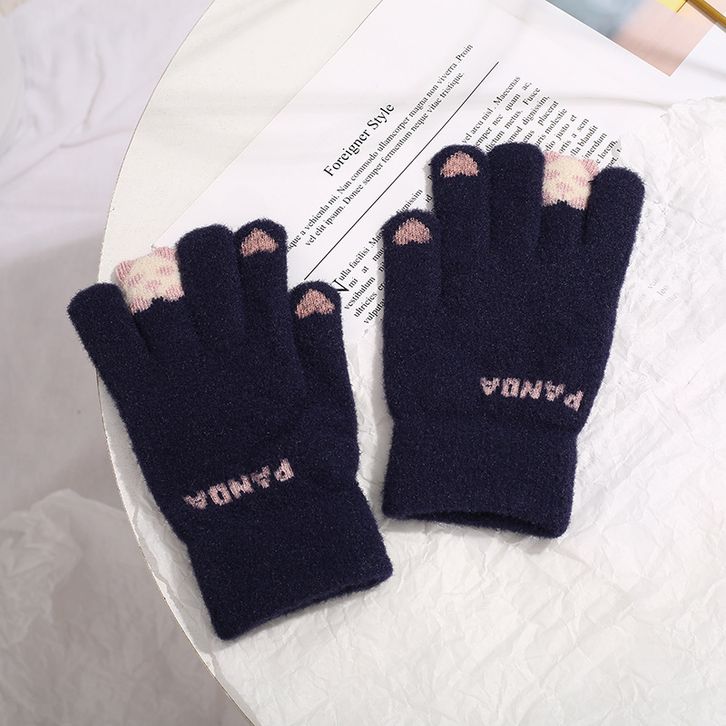 Mode Winter Pluche Handschoenen Stretch Gebreide Handschoenen Voor Meisjes Leuke Koude Warme Handschoenen Cartoon Panda Kids Handschoenen: Navy