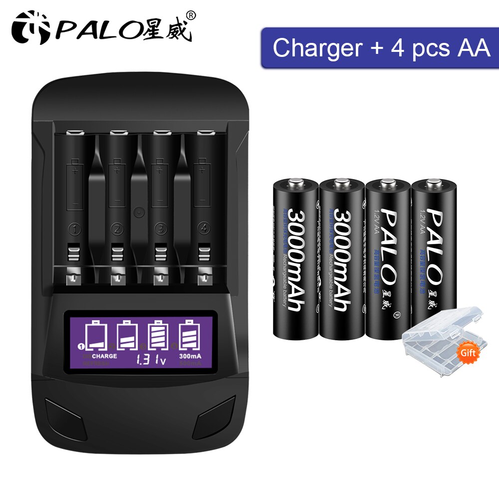 Pila AA recargable, AA NiMH 1,2 V 2A, batería prealimentada, pilas aa de baja autodescarga y cargador de batería inteligente para AA AAA: 4AA and charger