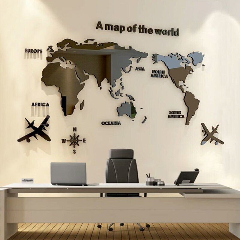 Acrylic 3D Map Of World Smooth Solid Crystal Wall Sticker Home Office Decor AUG889