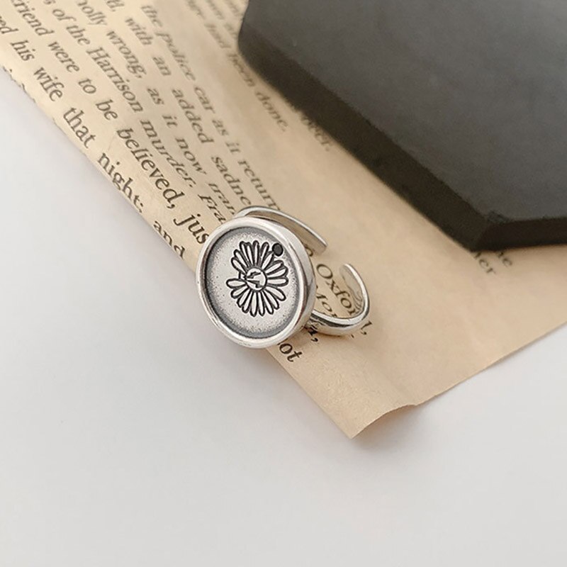 Foxanry INS 925 Sterling Silver Daisy Rings for Women Simple Geometric Vintage Handmade Party Jewelry