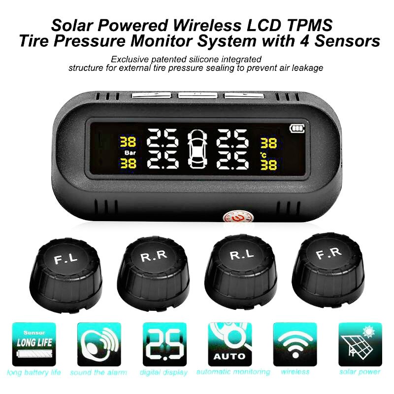 Tyre Pressure Sensor With 4 External Sensors Temperature Warning Fuel Save Tire Pressure Monitoring System Solar LED Wireless