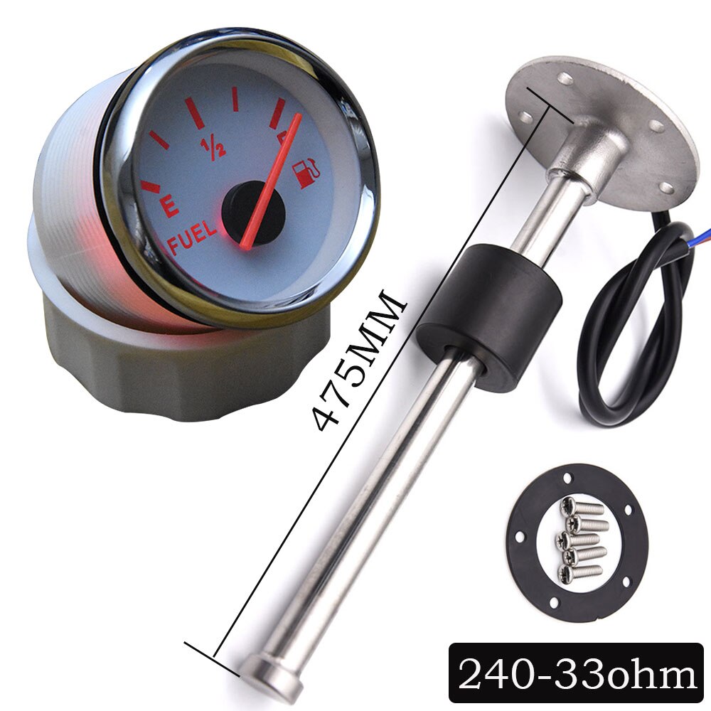 Czujnik poziomu paliwa łodzi samochodowej dla 240-33 ohm wskaźnik poziomu paliwa z 150 200 300 400mm jednostka sygnalizująca paliwa 52mm wskaźnik z czerwonym światłem: With 475mm Sensor