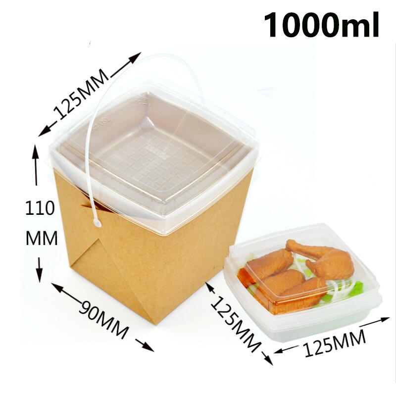 Zeqiu Draagbare Wegwerp Kleur Kraftpapier Verpakking Gebakken Rijst Hamburg Pasta Salade Take-Away Containers Verschillende Grootte.: 1000ml  40pcs