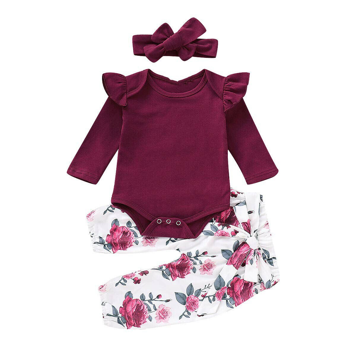 Toddler kids baby floral 3 pcs flæser tøj sport jumpsuit romper bukser pandebånd outfit sæt: 6-9 måneder / Rød
