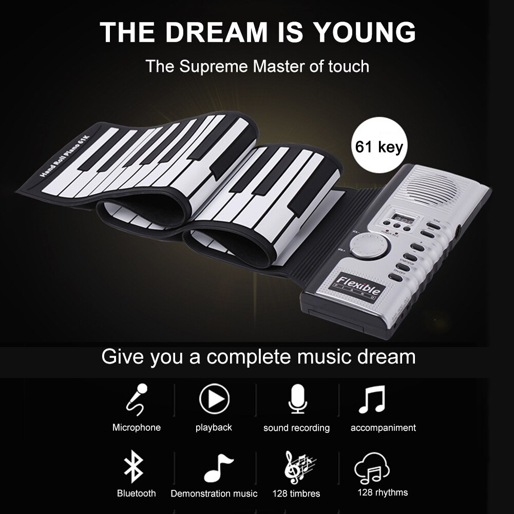 61 Key Hand Roll Up Piano Portable Folding Electronic Organ Instruments for Children Beginners Lightweight Piano