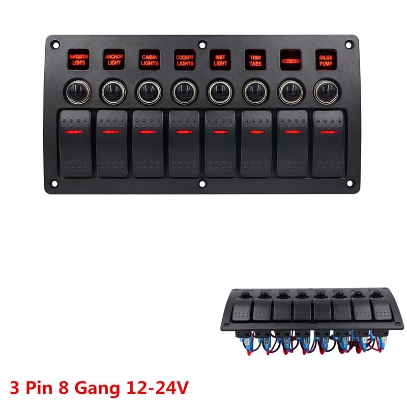Boat Car Marine Rocker Switch Panel 8 Gang 3PIN &amp; Circuit Breaker Overload Protection Waterproof LED Switch Panel