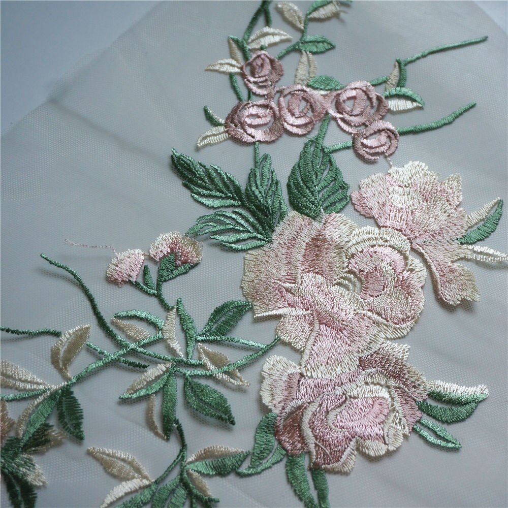Grønne broderede blomster blade gren applikationer stof bryllup kjole blonder trim krave mesh sy patch til kjole diy dekoration