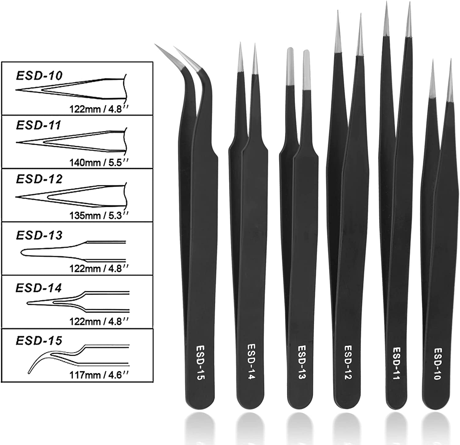 ESD Tweezers Tools Kit Precision Anti-Static Stainless Steel Tweezers Hand Repair Tool For Soldering Electronics Craft Lab Home: 6PCS set